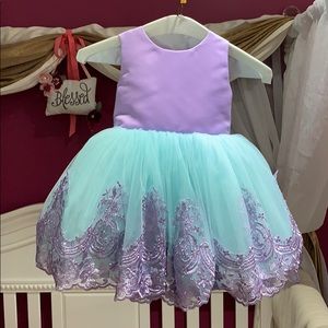 Princess Demi dress in purple and teal